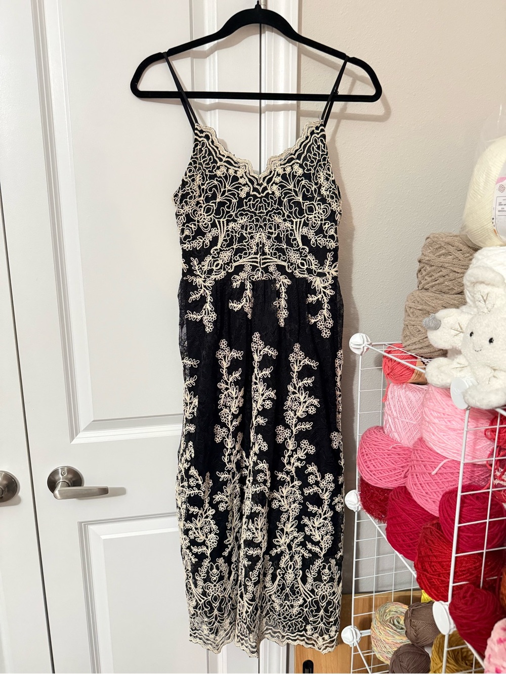 Express Black Lace-Embroidered Slip Dress with Ivory Detailing